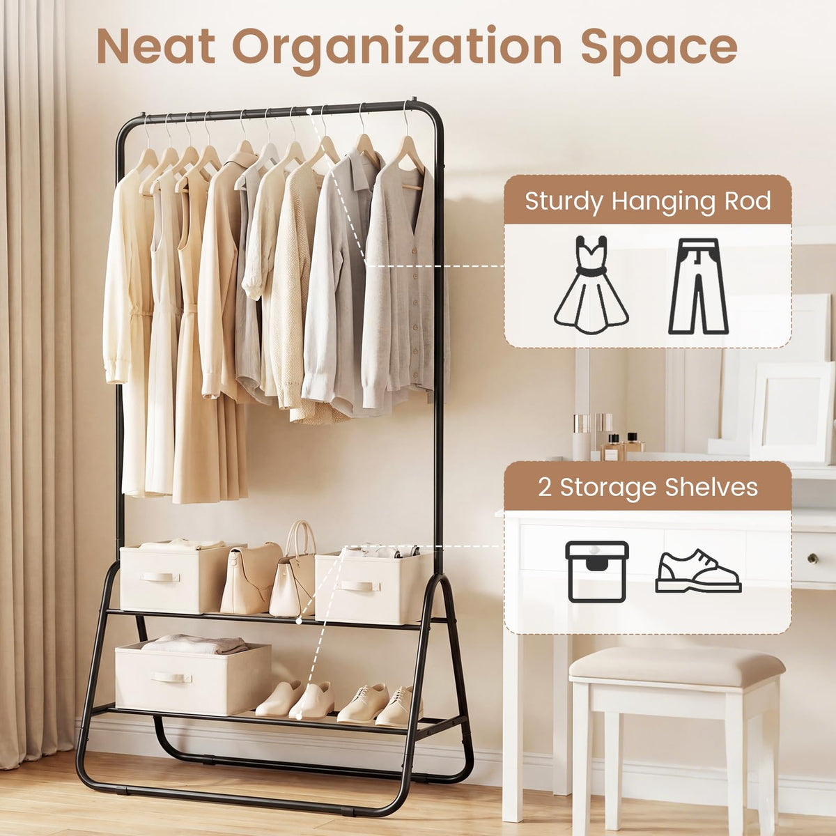 Goflame Heavy Duty Clothes Rack | Metal Garment Rack with Hanging Rod and Storage Shelves