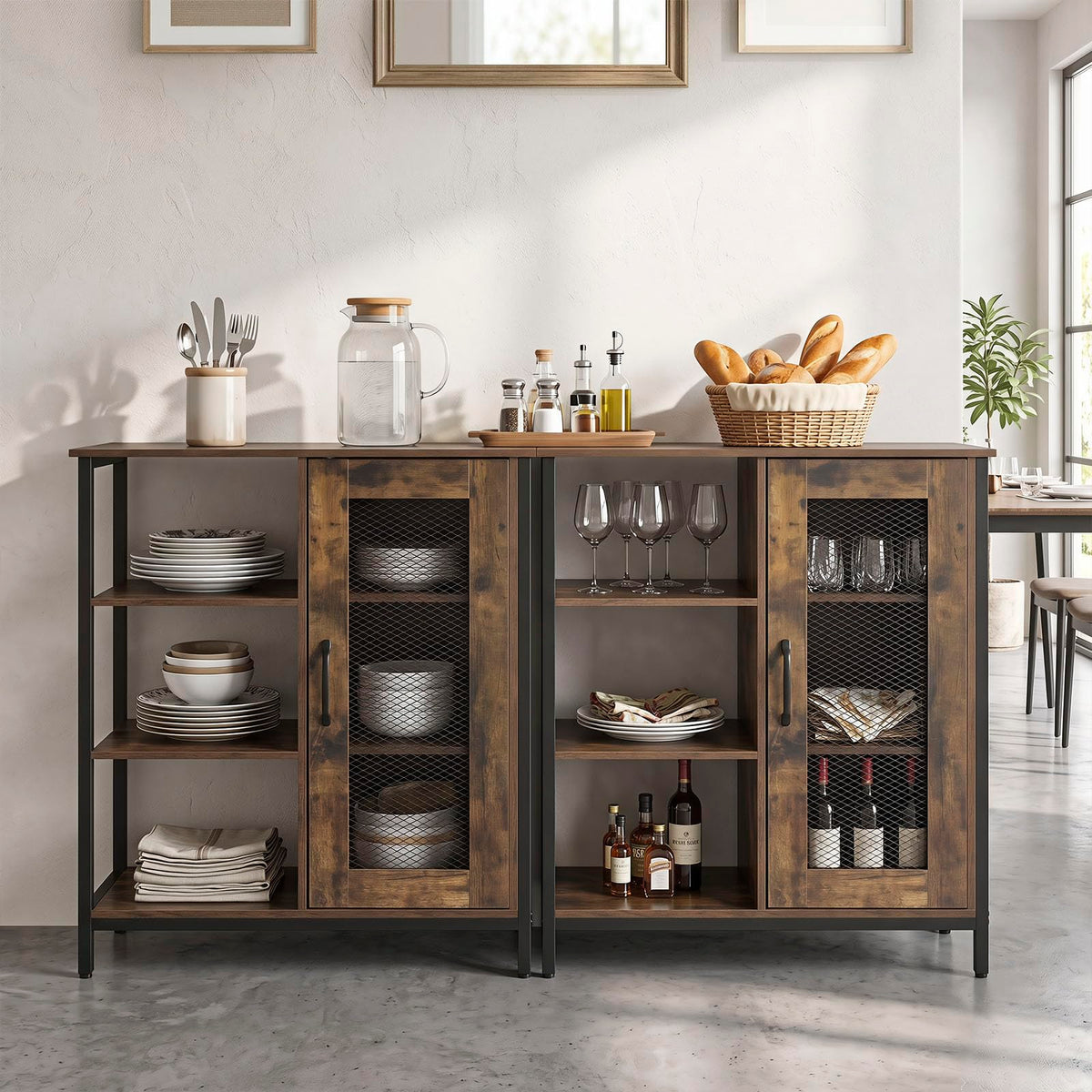 Goflame Industrial Side Cabinet with Metal Mesh Door and 3 Open Shelves