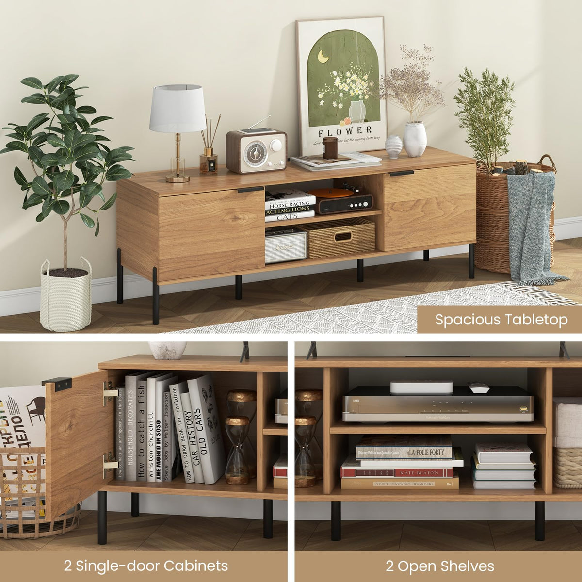 Goflame TV Stand for TVs up to 65”, Entertainment Center with Charging Station, 2 Cabinets, Open Shelves, 6 Sturdy Metal Legs