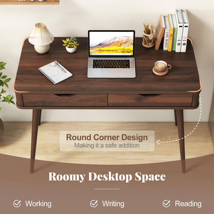 Goflame Mid-Century Desk with 2 Drawers, 43.5" Writing Study Desk with Solid Rubber Wood Legs