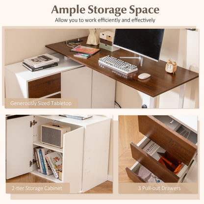 54.5” L Shaped Computer Desk with Power Outlet, Reversible Corner Desk with File Cabinet and 3 Drawers