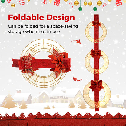 Goflame Set of 3 Pre-Lit Wreaths, 5.8 FT Xmas Light-up Decorations on Red Ribbon with 450 LED Lights