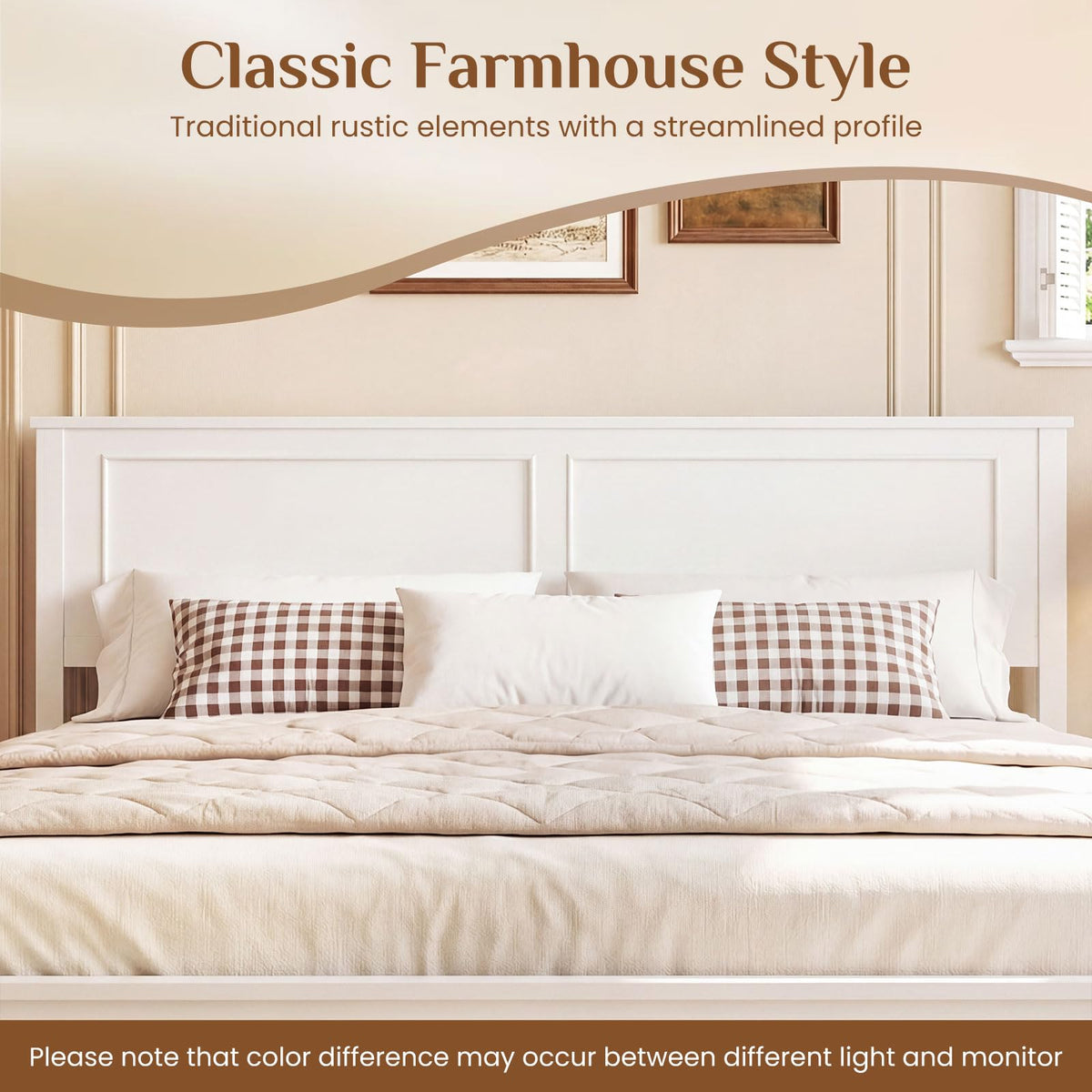 Goflame Wood Queen/Full/Twin Size Farmhouse Solid Platform Bed