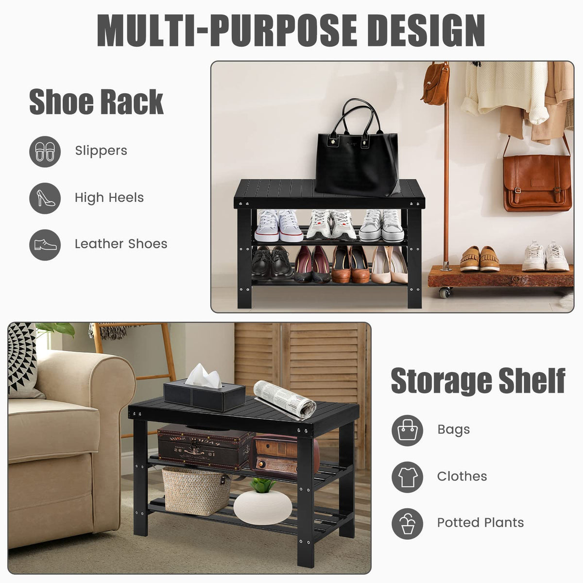 Goflame Entryway Shoe Bench, Bamboo Shoe Shelf Organizer Holds up to 6 Pairs