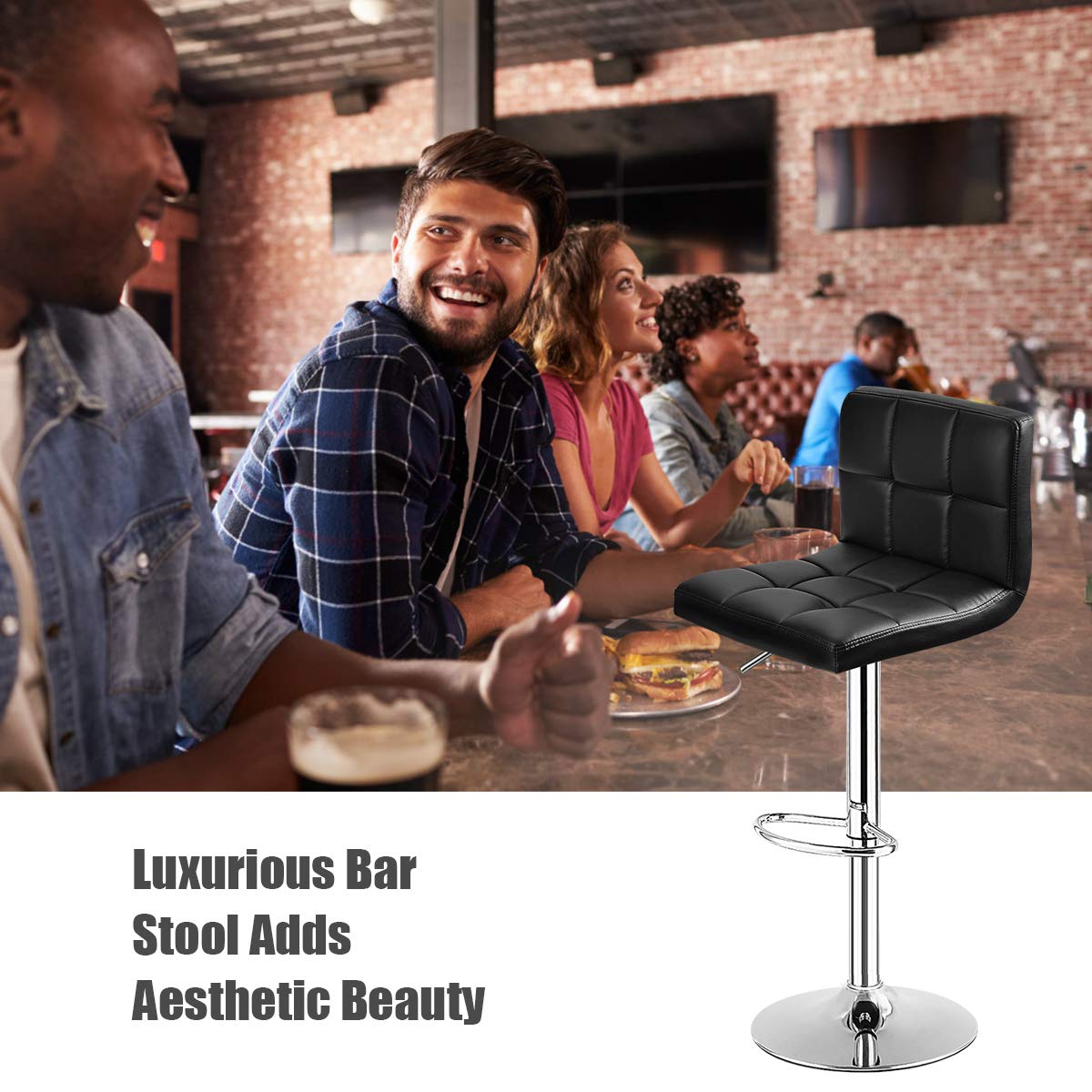 Goflame Bar Stool, Modern Swivel Adjustable Armless Barstools, Square Counter Height PU Leather Bar Stools