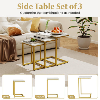 Goflame Nesting Coffee Table Set of 3 Stackable Square End Table w/Faux Marble Tabletop & Heavy-Duty Metal Frame