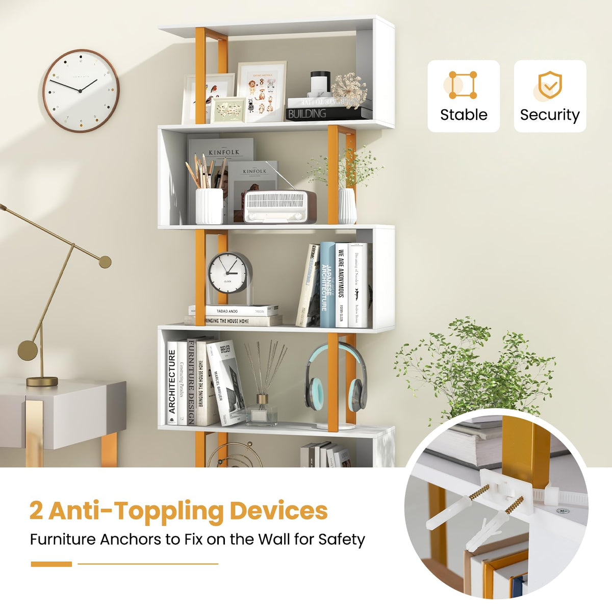 Goflame 6-Tier Modern S-Shaped Bookshelf with Anti-Tipping Kits