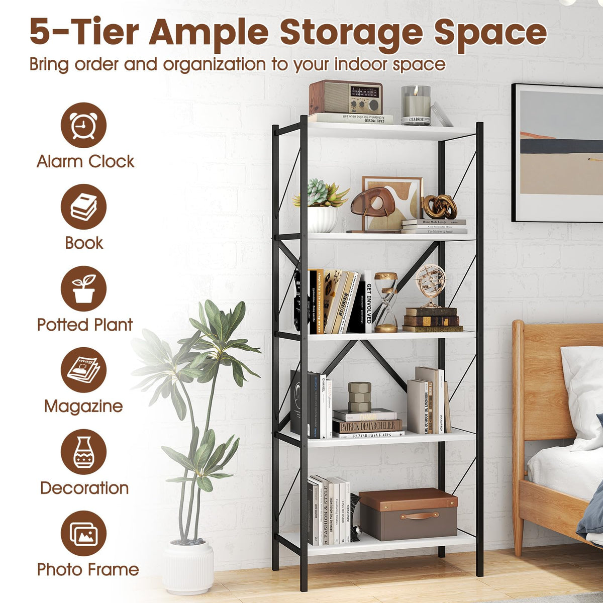 Goflame 5-Tier Tall Industrial Bookcase with Heavy-Duty Metal Frame (1/2)