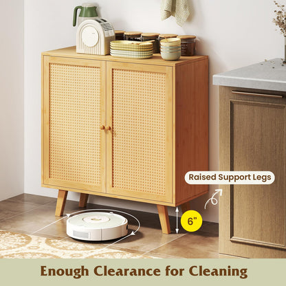 Goflame 2 Tier Bamboo Sideboard with PE Rattan Decorated Doors