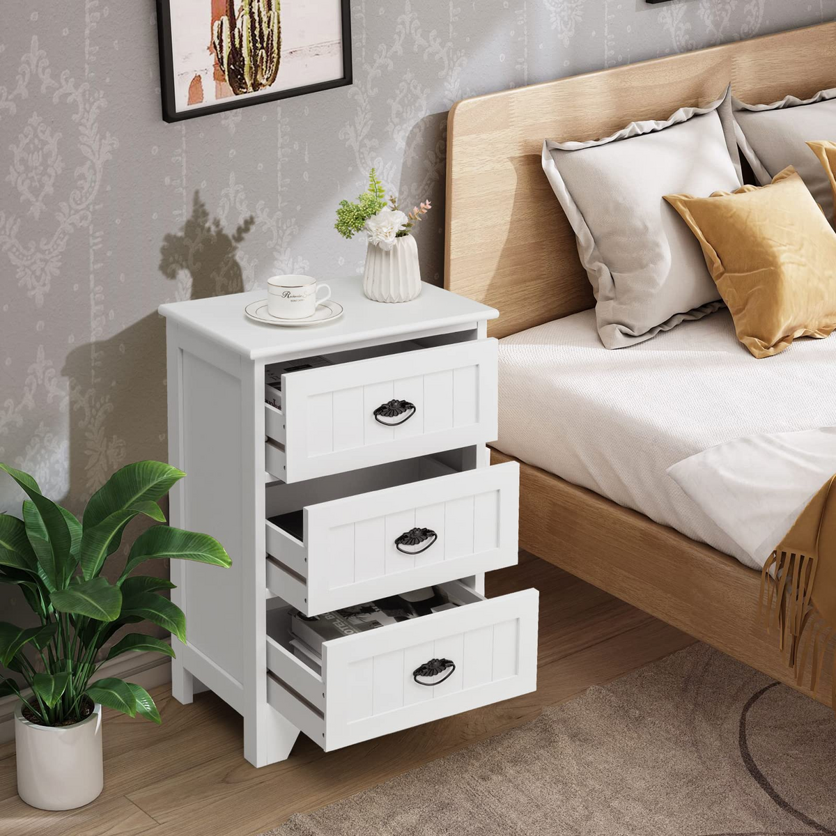 Goflame Nightstand with 3 Drawers, Bedside Table