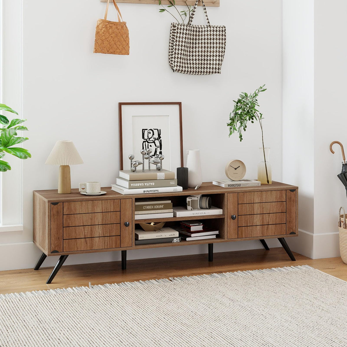 Goflame 2-Door TV Stand for TVs up to 65 Inch with Open Shelves