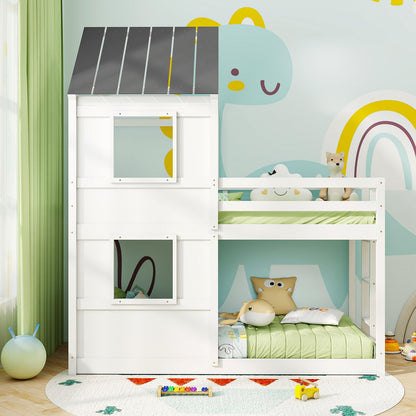 Goflame House Bunk Bed Twin Over Twin, Solid Wood Floor Bunk Bed with Built in Ladder, Window & Safety Guardrail