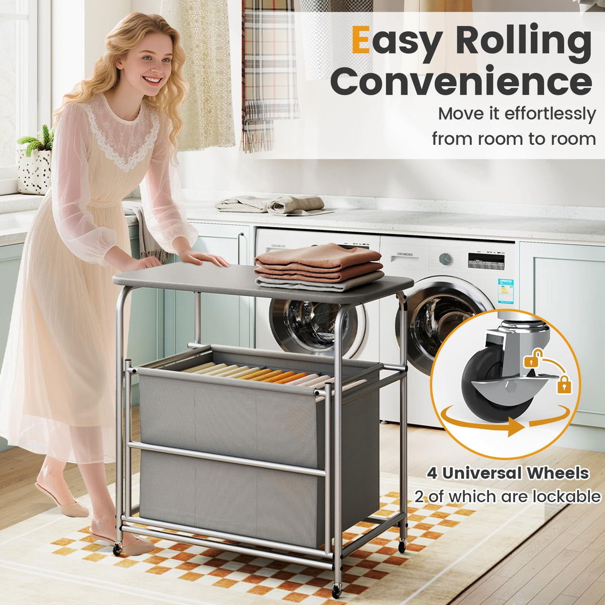 Goflame Laundry Sorter with Foldable Ironing Board 3 Section Tilt Out Laundry Hamper with Removable Bags