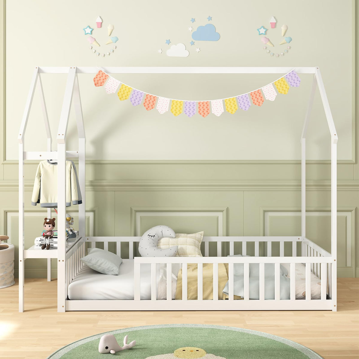 Goflame Twin House Floor Bed, Solid Wood Montessori Floor Bed with Detachable Storage Shelf & Clothes Hanger