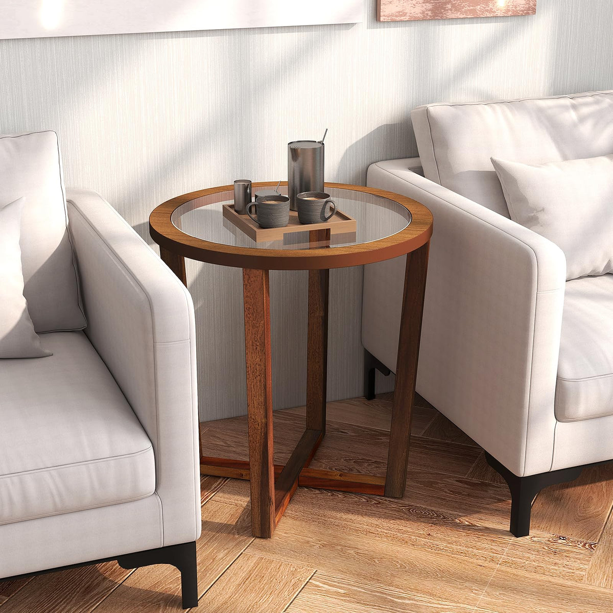 Goflame Glass Round End Table, Sofa Side Table with Transparent Tempered Glass Top