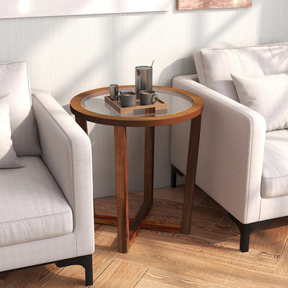 Goflame Glass Round End Table, Sofa Side Table with Transparent Tempered Glass Top