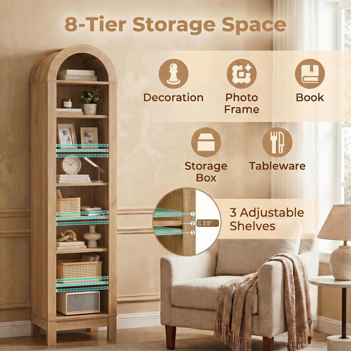 Goflame 71" Tall 8-Tier Arched Modern Bookshelf with 3 Adjustable Shelves (1/2)