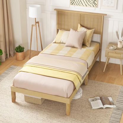 Goflame Queen/Full/Twin Size Bed Frames with Rattan Headboard, Boho Solid Wood Platform Bed with Wooden Slats