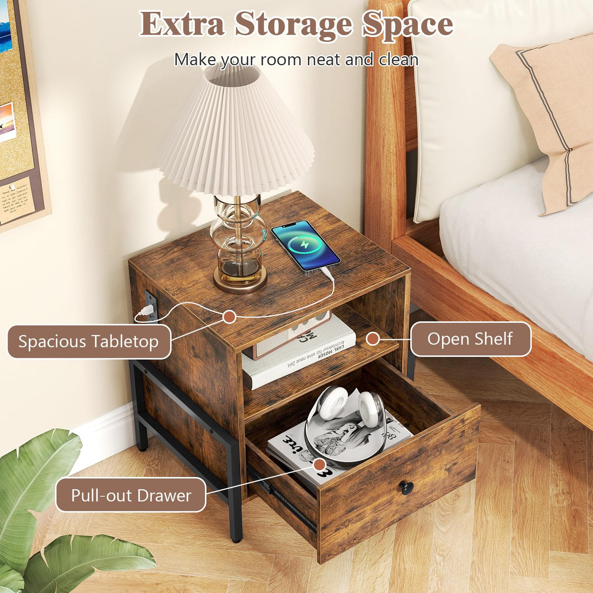 Goflame Nightstand with Charging Station