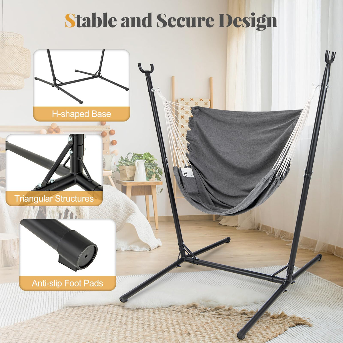 Goflame Hammock Chair with H-Shaped Stand - Heavy Duty Swing Chair with 6-Position Adjustable Height and Side Pocket