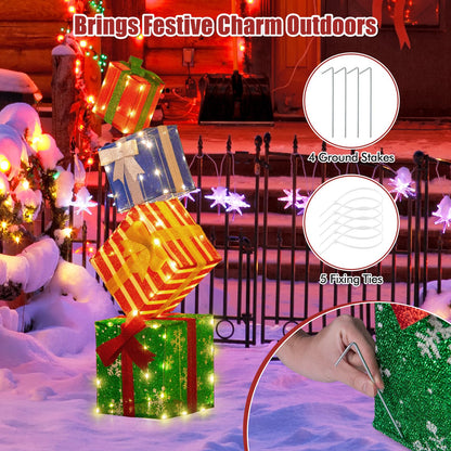 Goflame Lighted Gift Boxes, Set of 4 Stackable Pre-lit Box Decorations with Warm White LED Lights & Pre-Assembled Ribbons