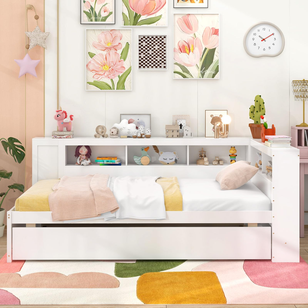 Goflame Twin Daybed with Trundle, Wood Twin Bed Frames with Storage Headboard, Reversible Bookcase