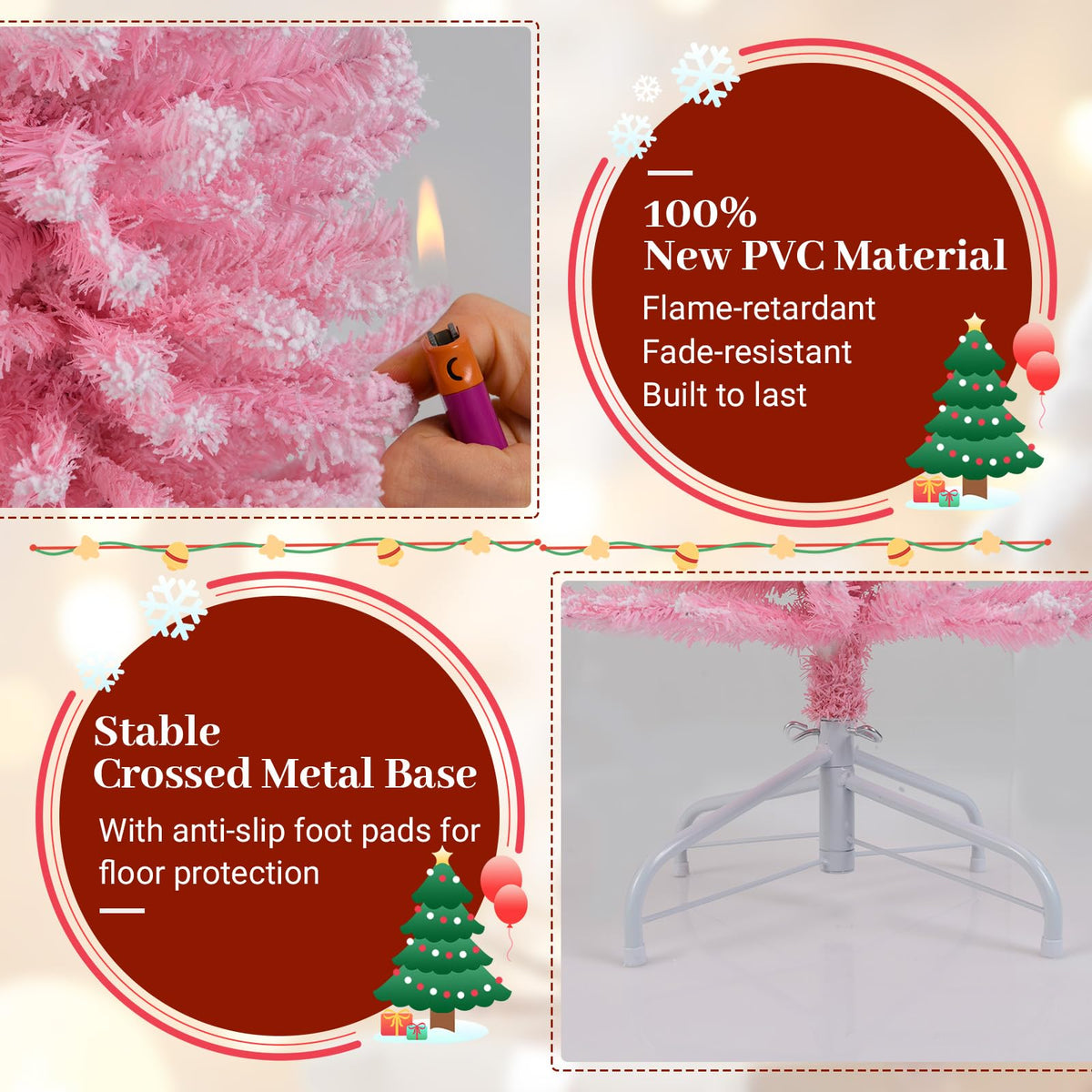 Goflame 5ft / 6ft Pink Slim Pencil Christmas Tree | Snow Flocked Skinny Xmas Full Tree