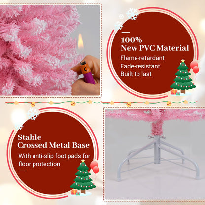 Goflame 5ft / 6ft Pink Slim Pencil Christmas Tree | Snow Flocked Skinny Xmas Full Tree