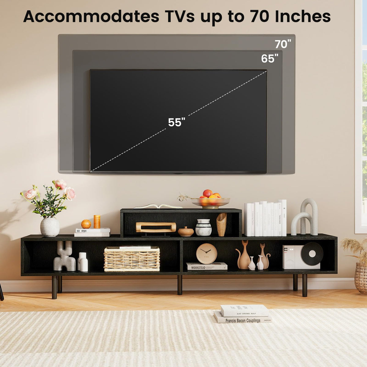 Goflame 3 Cubby TV Stand for 55/65/70 Inch TV | 63" Modern Entertainment Center