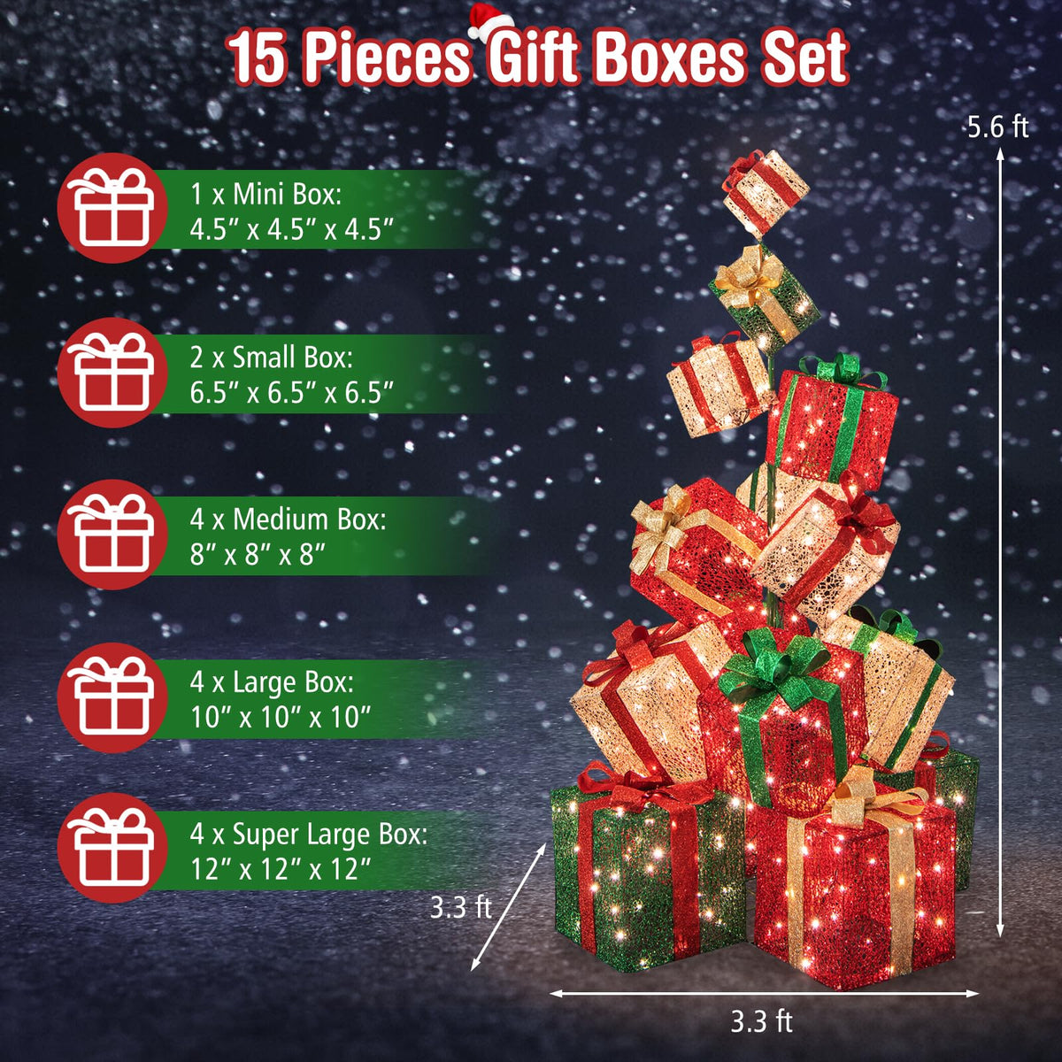 Goflame 15 Pieces Stackable Pre-lit Lighted Boxes Tower w/ 450 Warm White Lights