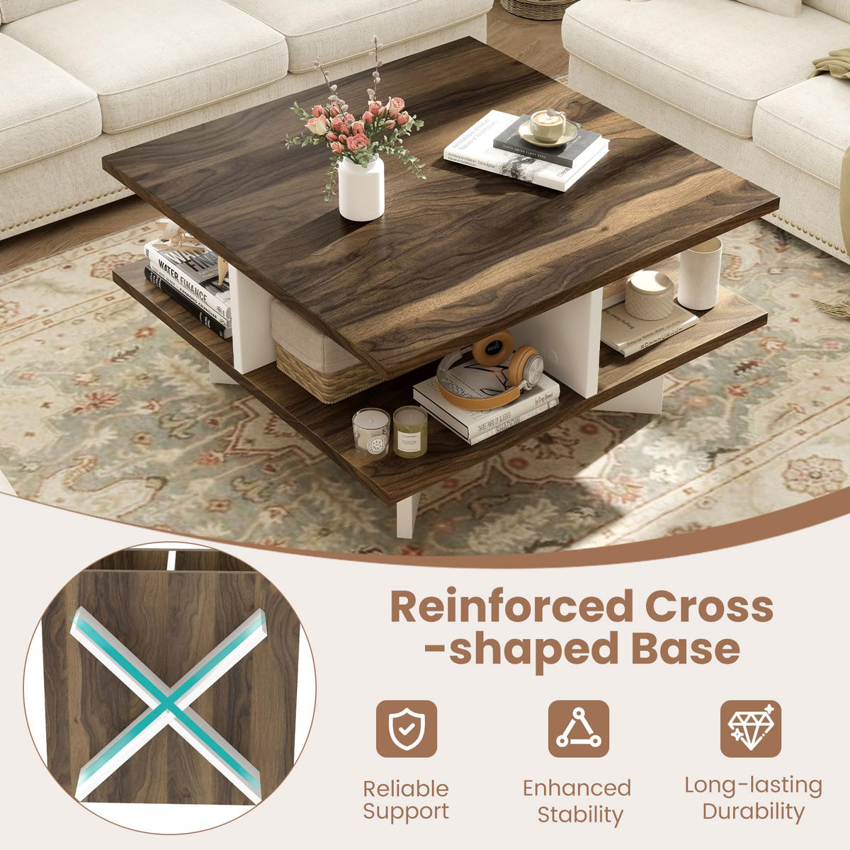 Goflame Square Coffee Table with Storage for Living Room