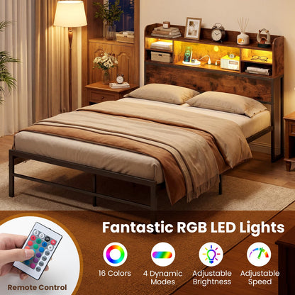 Goflame Full Size Industrial Metal Bed Frame with LED Lights & Charging Station