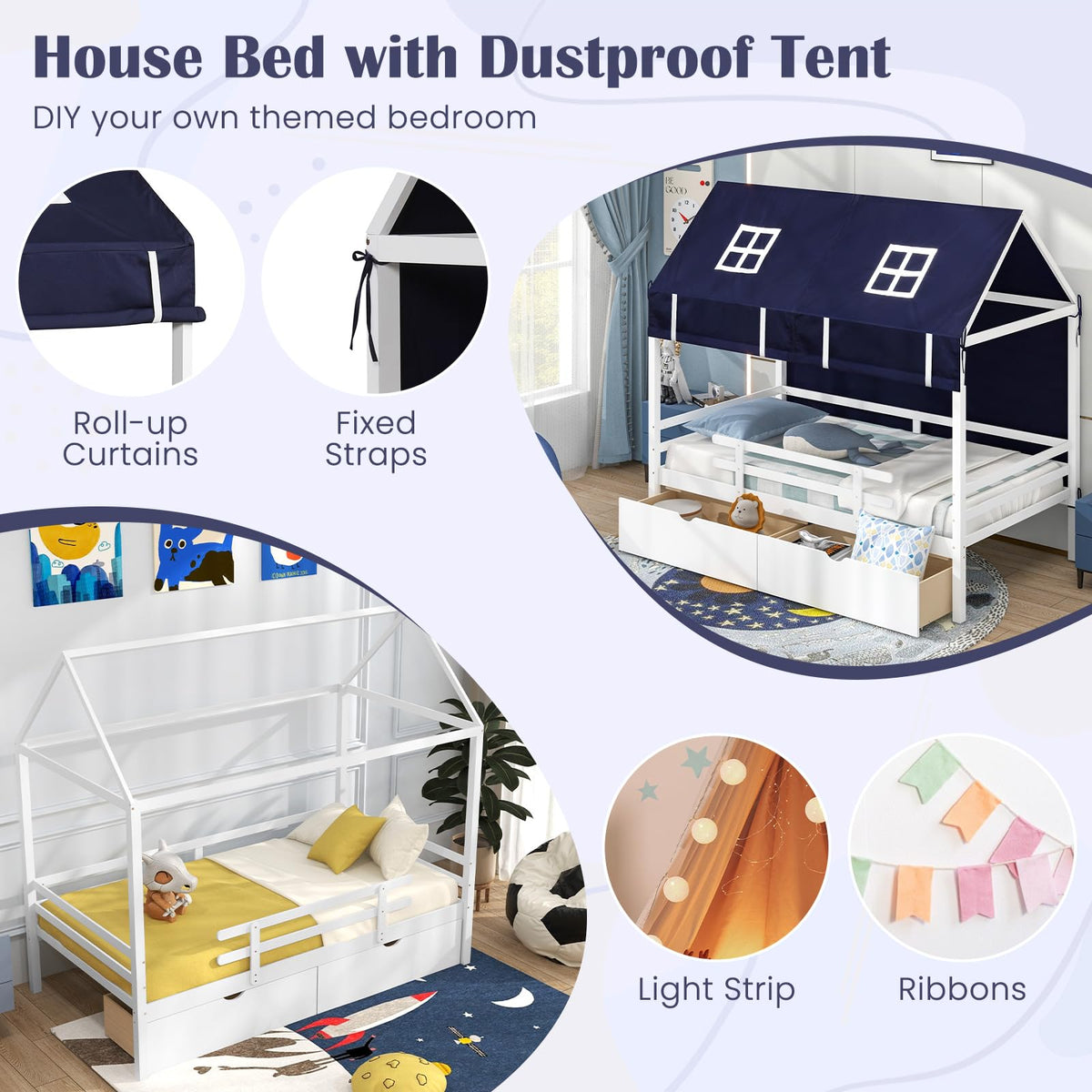 Goflame Twin House Bed with Tent, Wood Kids Bed with 2 Storage Drawers, Solid Wood Daybed Frame with Rails and Roof