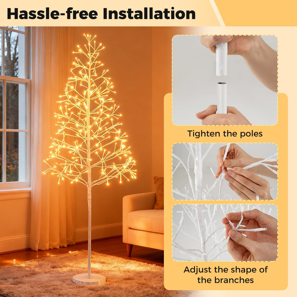 Goflame LED Birch Tree, 5/6/7 FT Pre-lit Twig Tree with Warm White Light LED Lights, Weighted Base