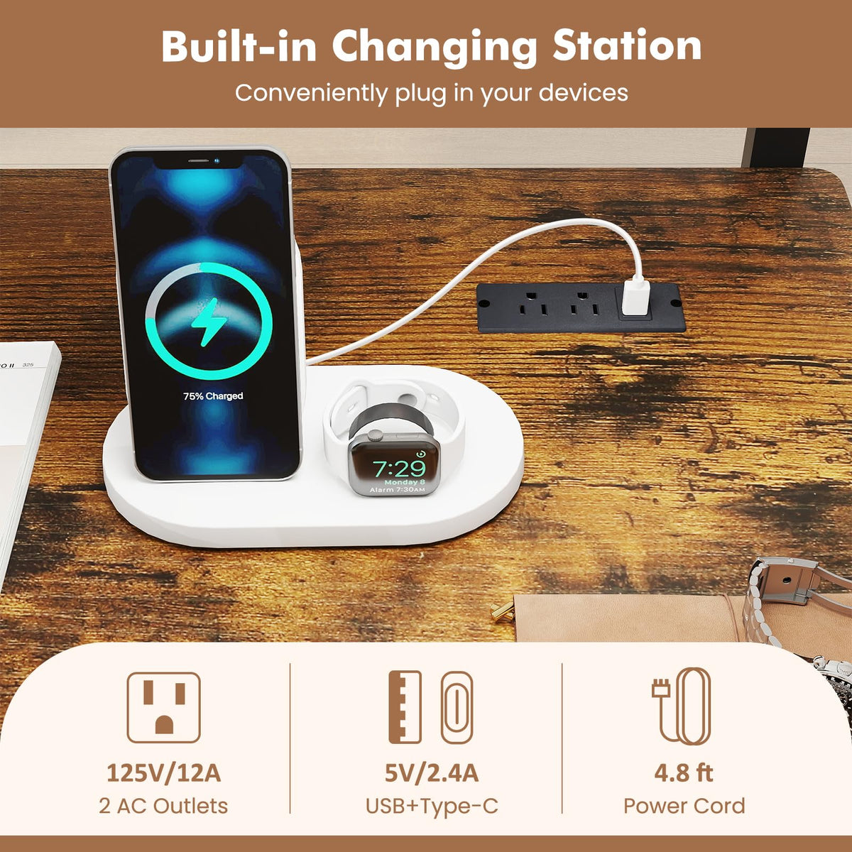 Goflame Rolling Computer Desk with Charging Station