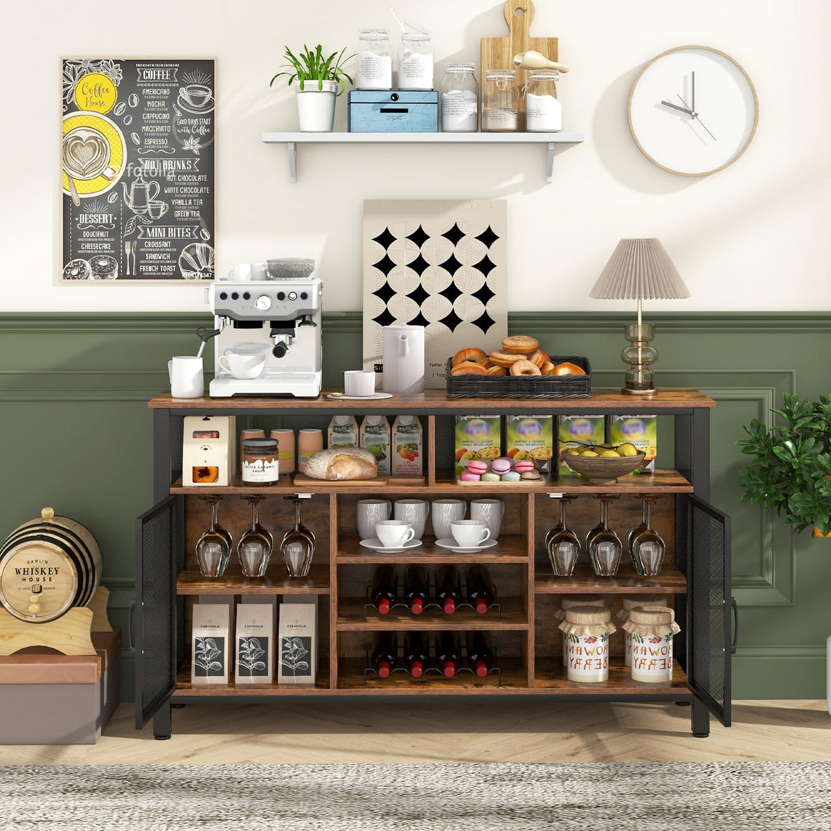 Goflame Coffee Bar Cabinet for Liquor and Glasses, 55” Buffet Sideboard with 8-Bottle Wine Racks, 6 Rows of Wine Glass Holders