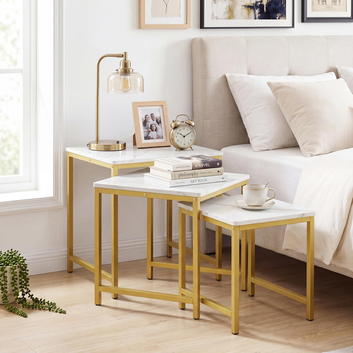 Goflame Nesting Coffee Table Set of 3 | Faux Marble Coffee Table with Metal Frame