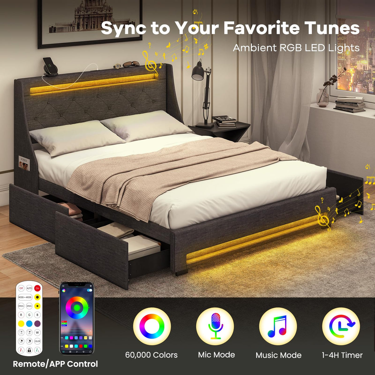 Goflame Full Size Bed Frame with LED Lights & Charging Station, Upholstered Platform Bed with Wingback Headboard