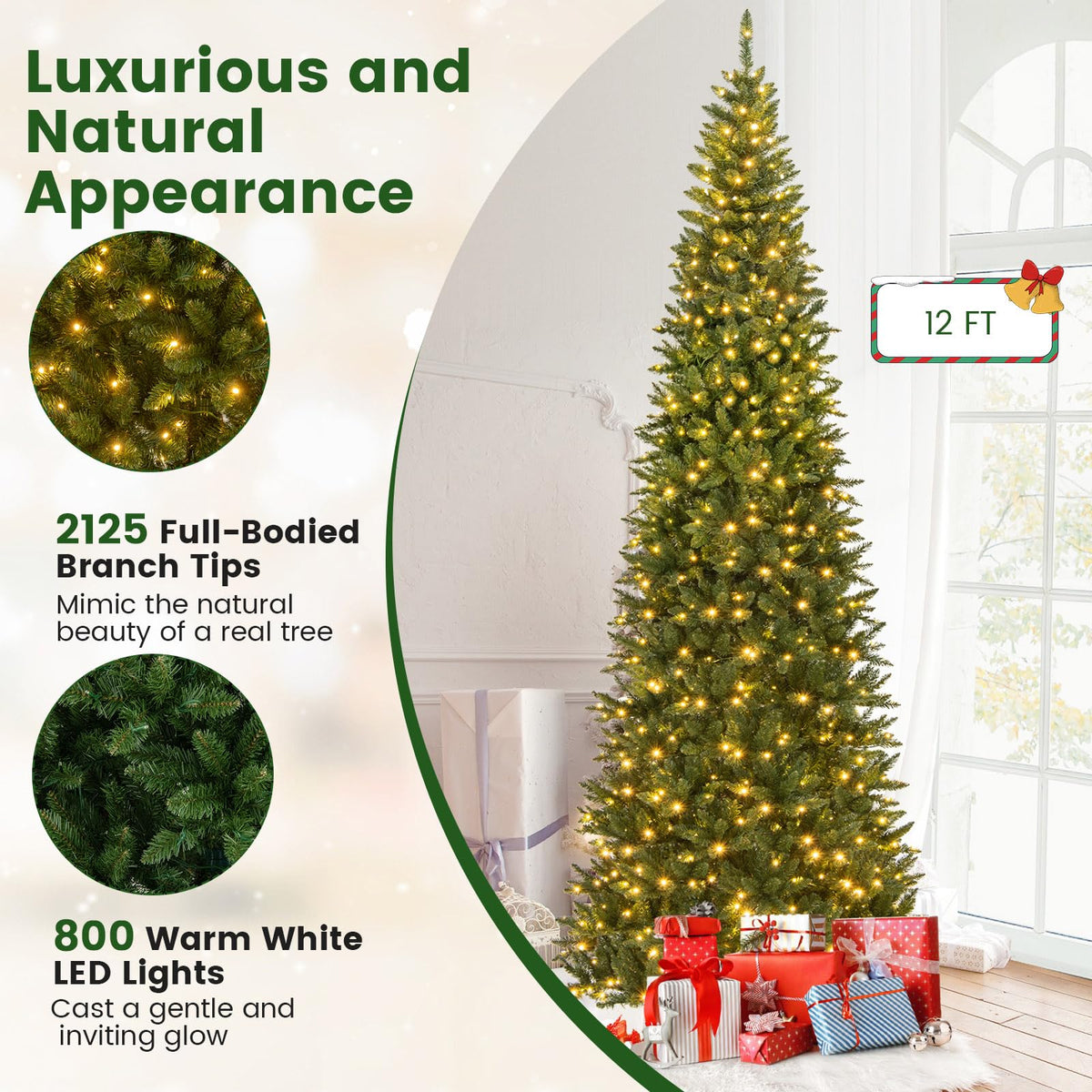 Goflame 12ft Pre-Lit Artificial Christmas Tree with 360° Quick Power Connector