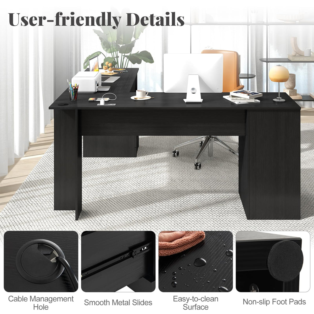 GOFLAME 66" L-Shaped Desk with Storage Drawers & Charging Station