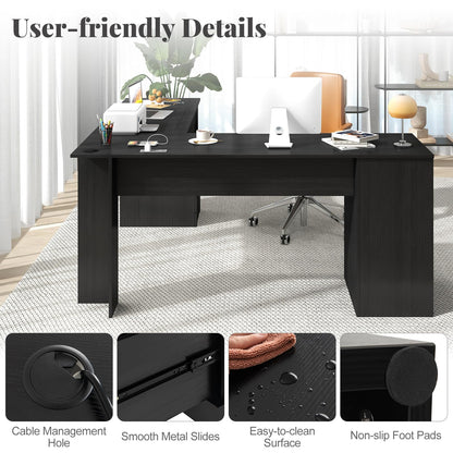 GOFLAME 66" L-Shaped Desk with Storage Drawers & Charging Station