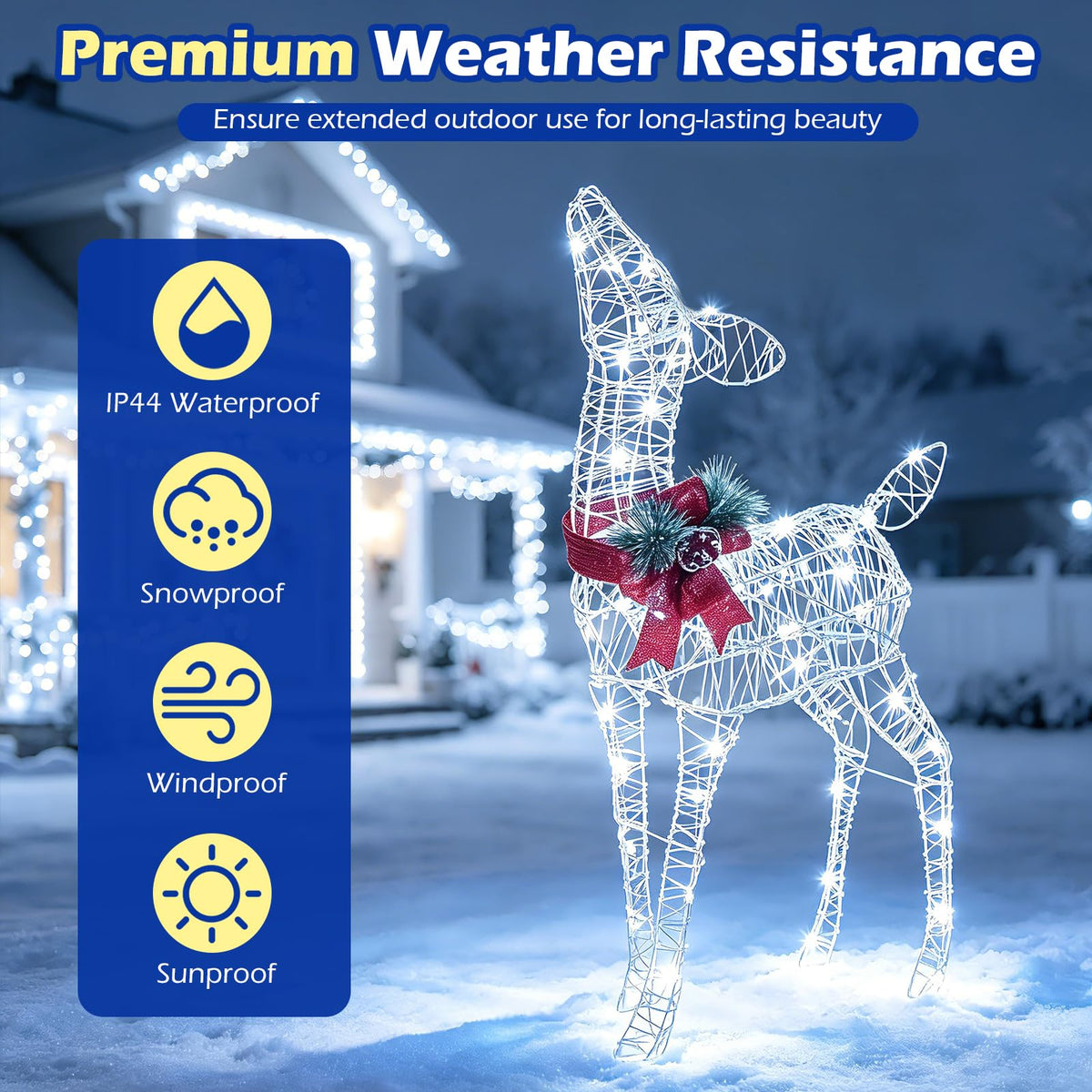 Goflame Christmas Pre-Lit Reindeer | 50 Cold White LED Lights & Red Bow Stakes & Zip Ties Included