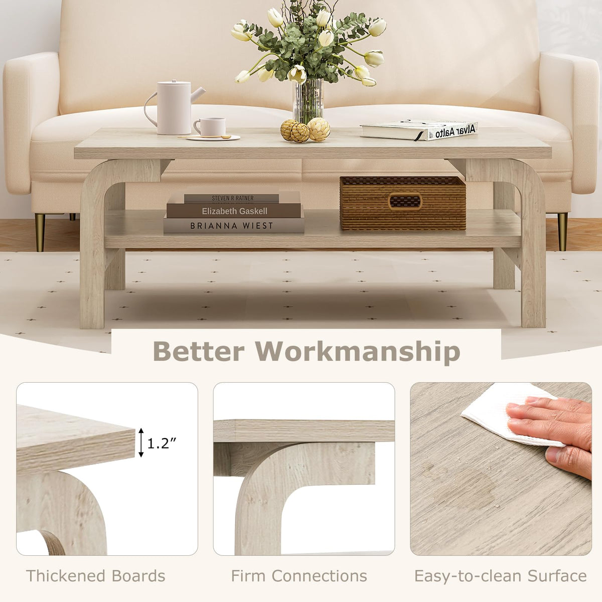 Goflame 2-Tier Coffee Table with Storage, 47” Mid Century Rectangle Accent Table with Open Shelf