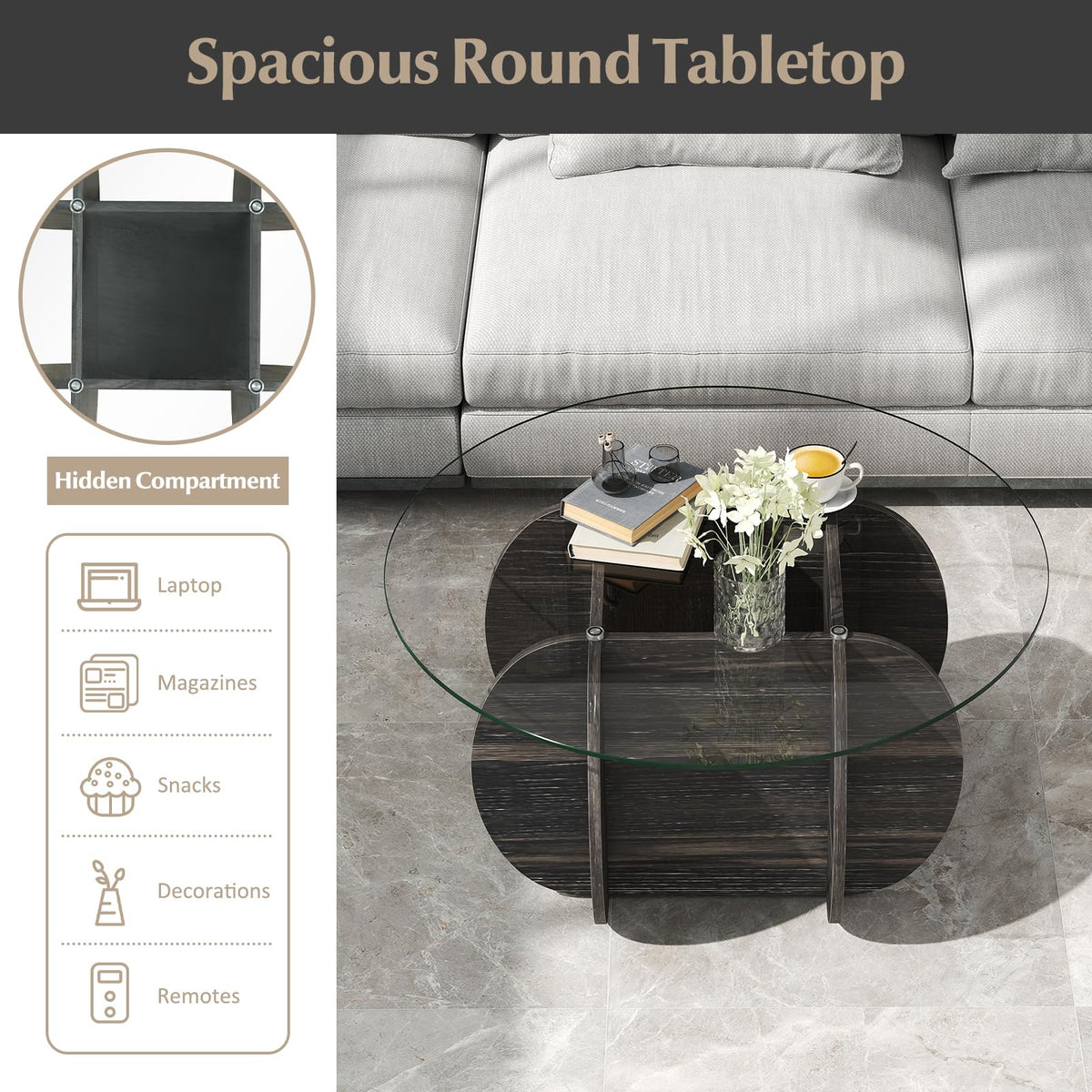 Goflame 35" Glass Round Coffee Table with Storage Tempered Glass Top & Solid Wood Base