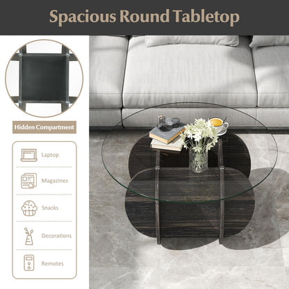 Goflame 35" Glass Round Coffee Table with Storage Tempered Glass Top & Solid Wood Base