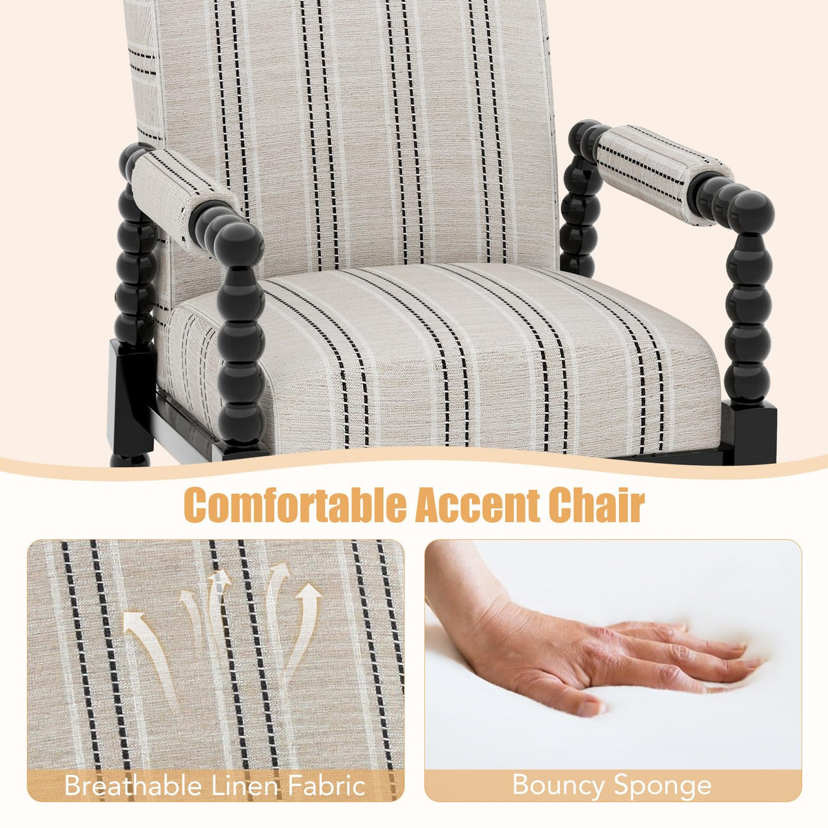 Goflame Mid Century Modern Spindle Accent Chair Set of 1/2, Upholstered Armchair w/Rubber Wood Frame