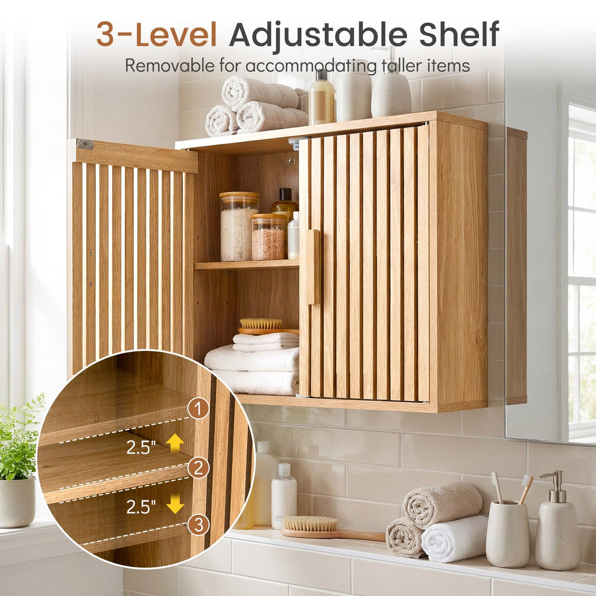 Goflame Wall Mounted Wooden Medicine Cabinet with 2 Slatted Doors