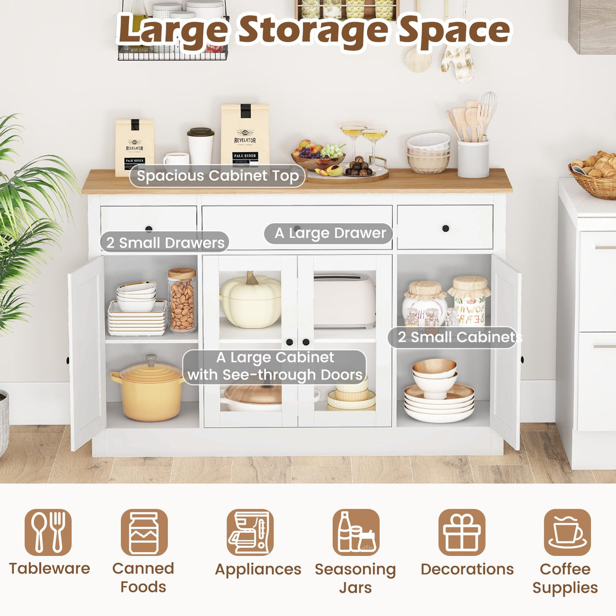Goflame 55" Large Buffet Sideboard with 3 Drawers & 2 See-Through Doors