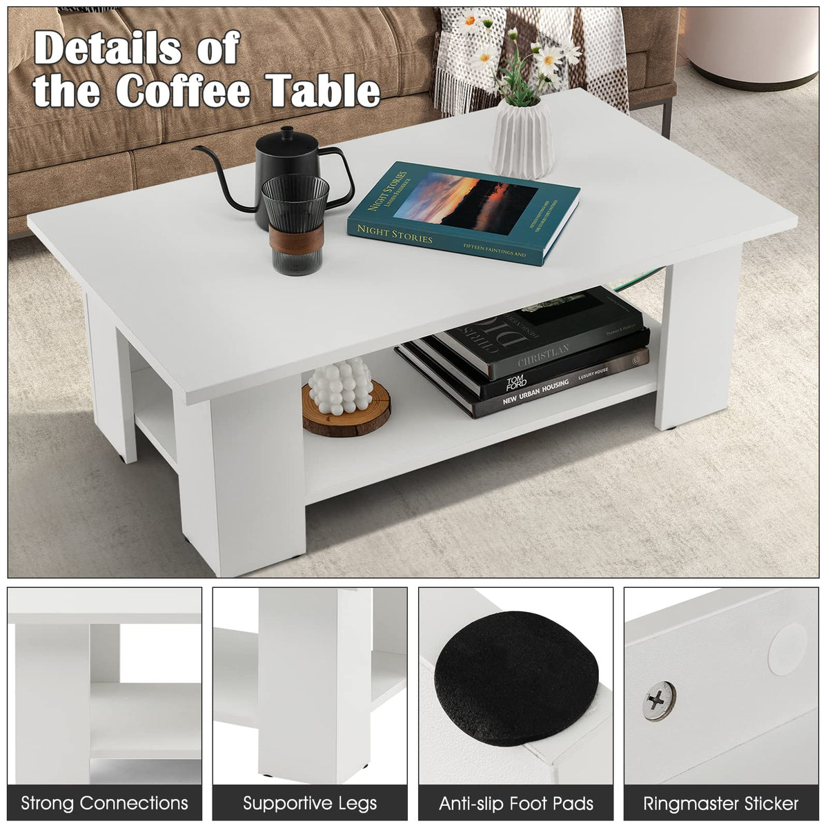 Goflame Wood Coffee Table w/Storage Shelf, 36"L 2-Tier Large Modern Tea Table, White
