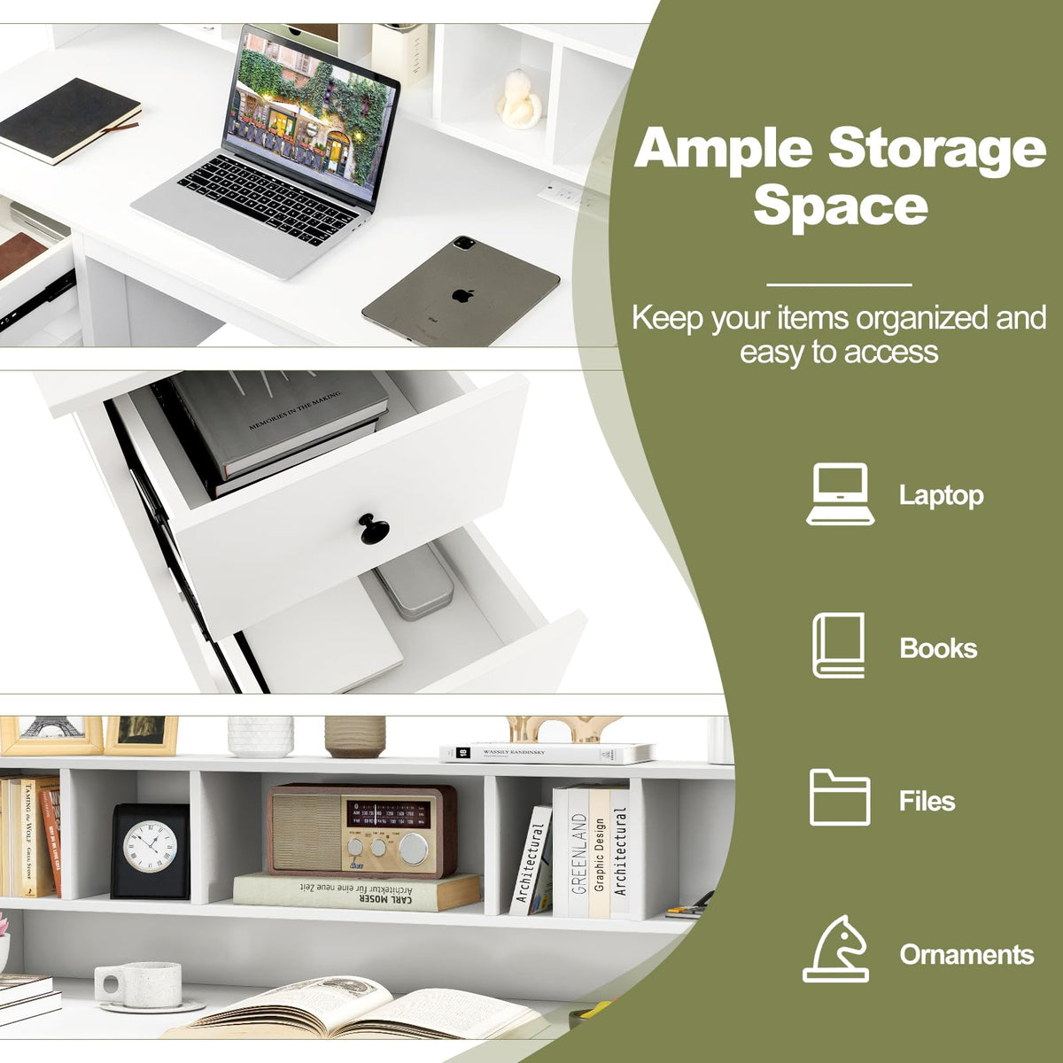 Goflame White Desk with Drawers and Power Outlet, 48" Home Office Computer Desk with 5-Cubby Hutch
